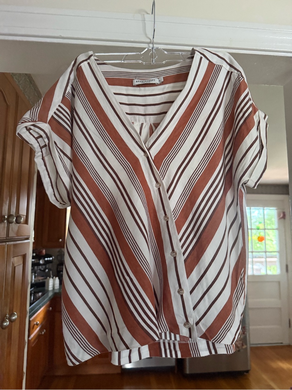 Striped V-Neck Button-Front Blouse in Rust & White